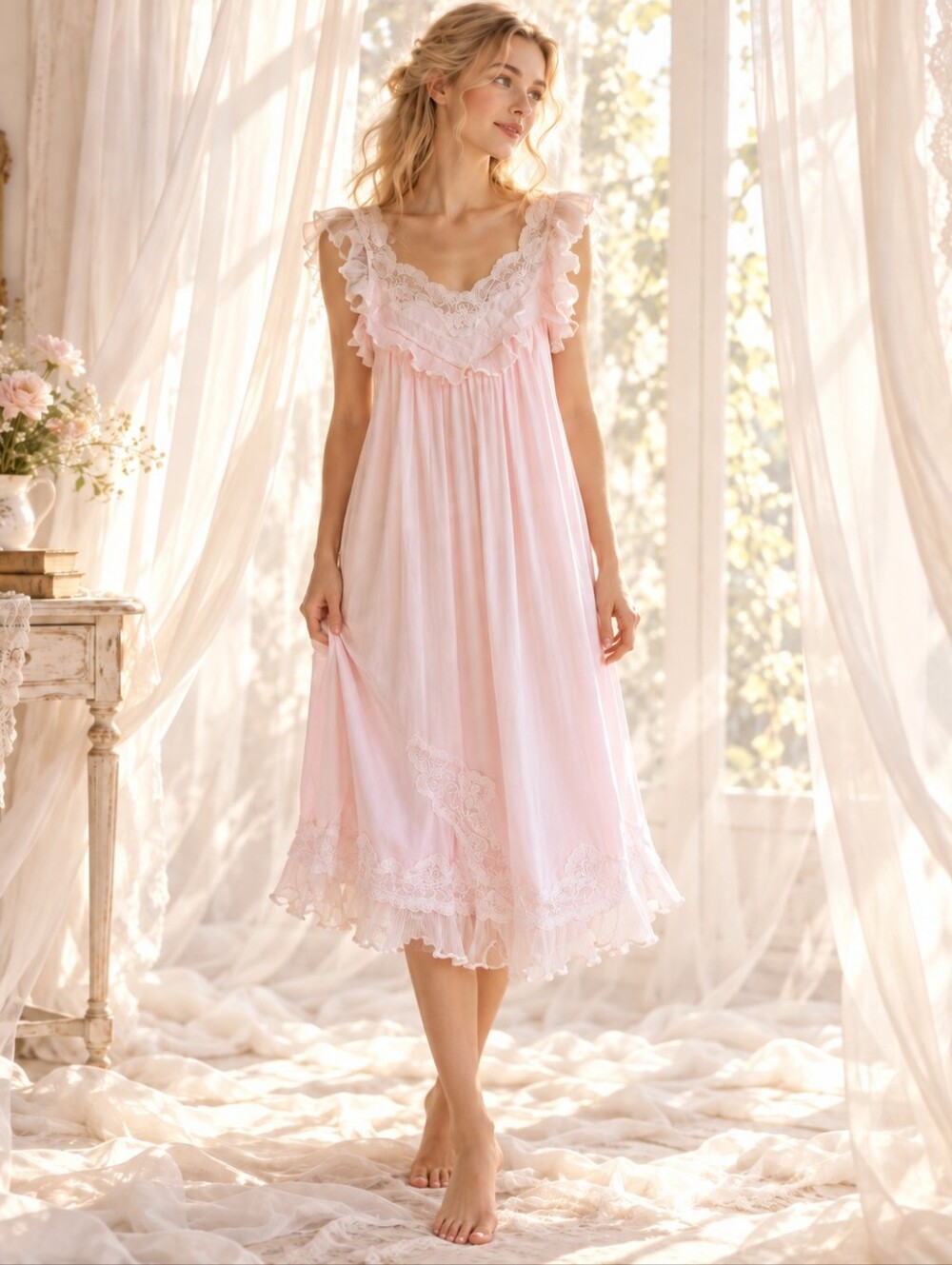 Vintage Ruffle Lace Nightgown Dress Size M Pink Embroidered Slip Lingerie